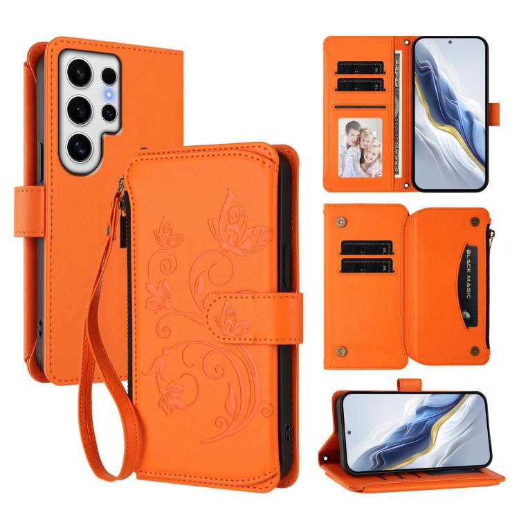 

For Galaxy S24 Ultra 5G Butterfly Love Flower Multi-card Zipper Wallet Leather Phone Case(Orange)