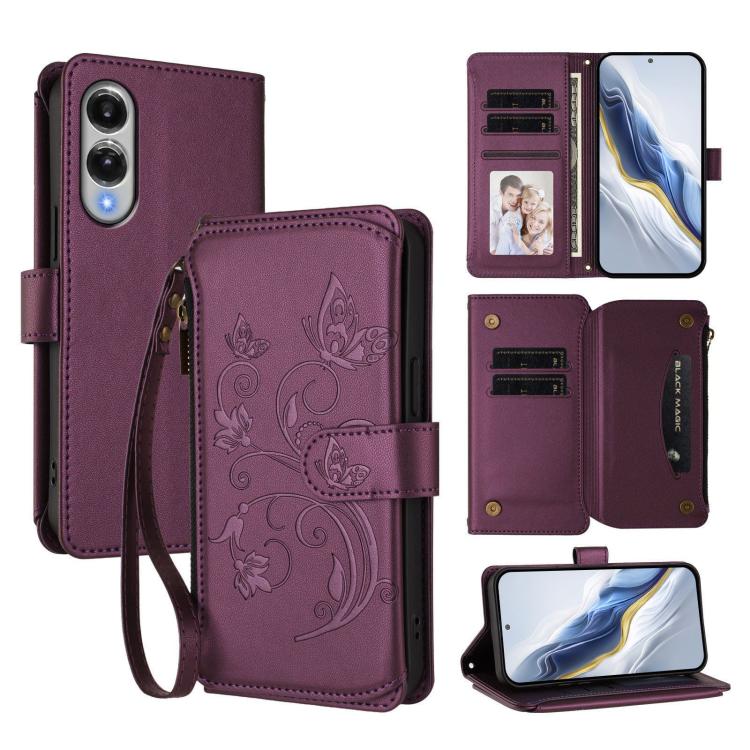 

For Samsung Galaxy S25 Edge 5G Butterfly Love Flower Multi-card Zipper Wallet Leather Phone Case(Dark Purple)