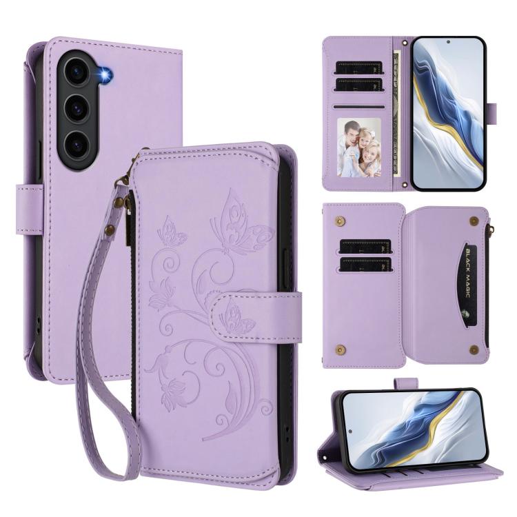 

For Galaxy S23 5G Butterfly Love Flower Multi-card Zipper Wallet Leather Phone Case(Light Purple)