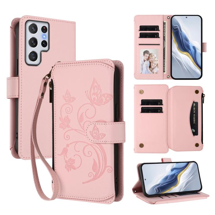 

For Galaxy S22 Ultra 5G Butterfly Love Flower Multi-card Zipper Wallet Leather Phone Case(Pink)