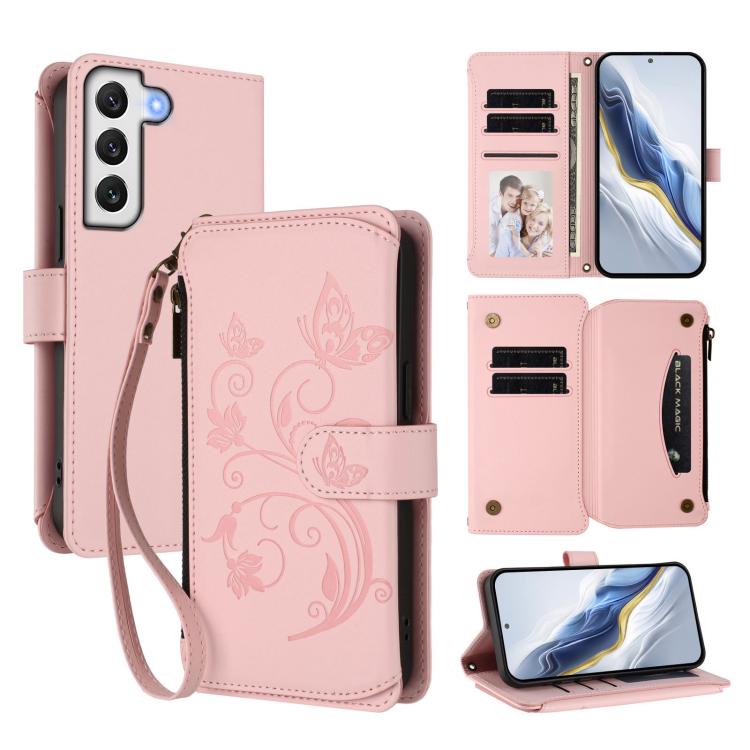 

For Galaxy S22 5G Butterfly Love Flower Multi-card Zipper Wallet Leather Phone Case(Pink)