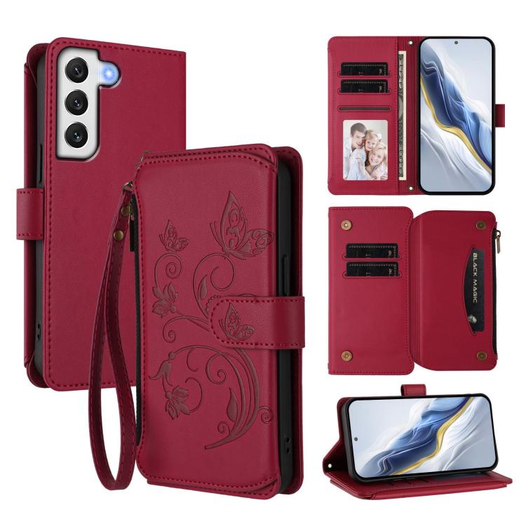 

For Galaxy S22+ 5G Butterfly Love Flower Multi-card Zipper Wallet Leather Phone Case(Wine Red)