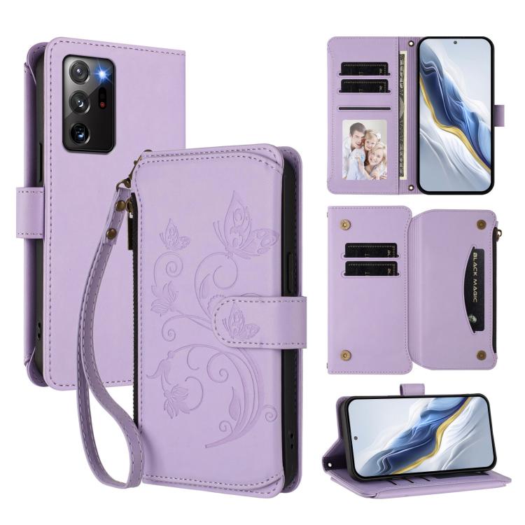 

For Galaxy Note20 Ultra Butterfly Love Flower Multi-card Zipper Wallet Leather Phone Case(Light Purple)