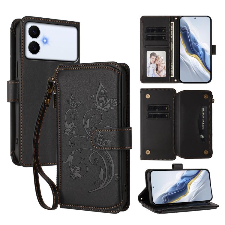 

For Galaxy S26 Edge 5G Butterfly Love Flower Multi-card Zipper Wallet Leather Phone Case(Black)