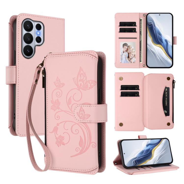 

For Galaxy S26 Ultra 5G Butterfly Love Flower Multi-card Zipper Wallet Leather Phone Case(Pink)