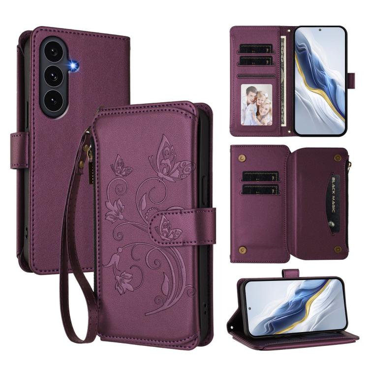 

For Galaxy S26 FE 5G Butterfly Love Flower Multi-card Zipper Wallet Leather Phone Case(Dark Purple)