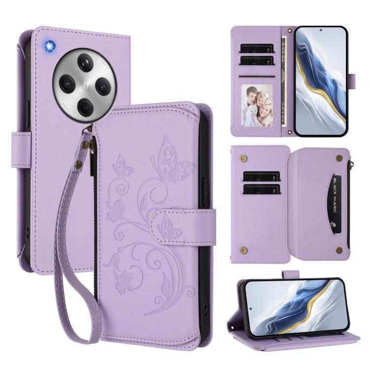 For OPPO Find X8 5G Butterfly Love Flower Multi-card Zipper Wallet Leather Phone Case(Light Purple)