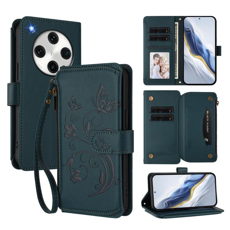 

For OPPO Find X8 Pro 5G Butterfly Love Flower Multi-card Zipper Wallet Leather Phone Case(Dark Green)