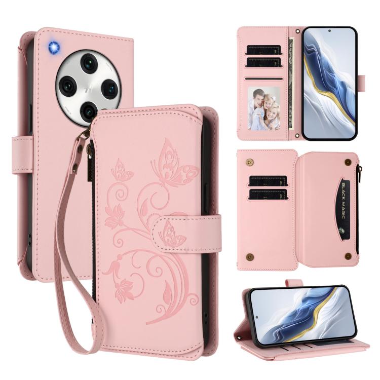 For OPPO Find X8 Pro 5G Butterfly Love Flower Multi-card Zipper Wallet Leather Phone Case(Pink)