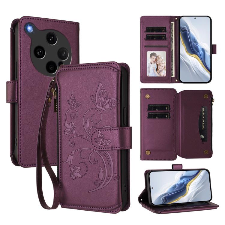 For OPPO Find X8 Ultra 5G Butterfly Love Flower Multi-card Zipper Wallet Leather Phone Case(Dark Purple)