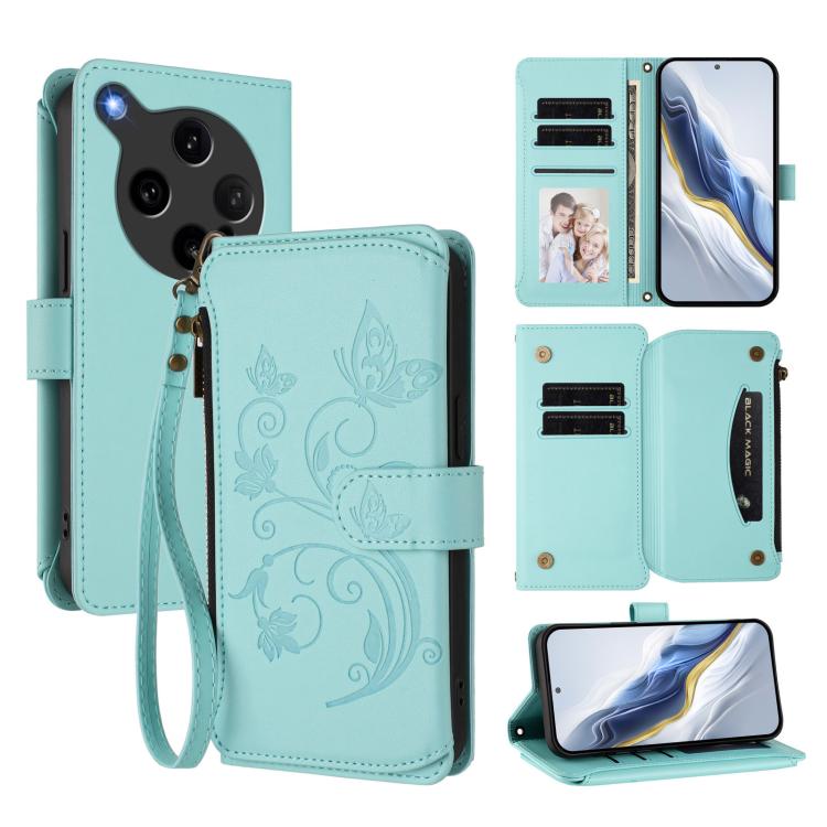 

For OPPO Find X8 Ultra 5G Butterfly Love Flower Multi-card Zipper Wallet Leather Phone Case(Mint Green)