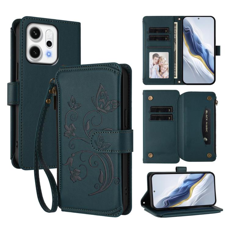 

For OPPO Reno14 Pro 5G Butterfly Love Flower Multi-card Zipper Wallet Leather Phone Case(Dark Green)