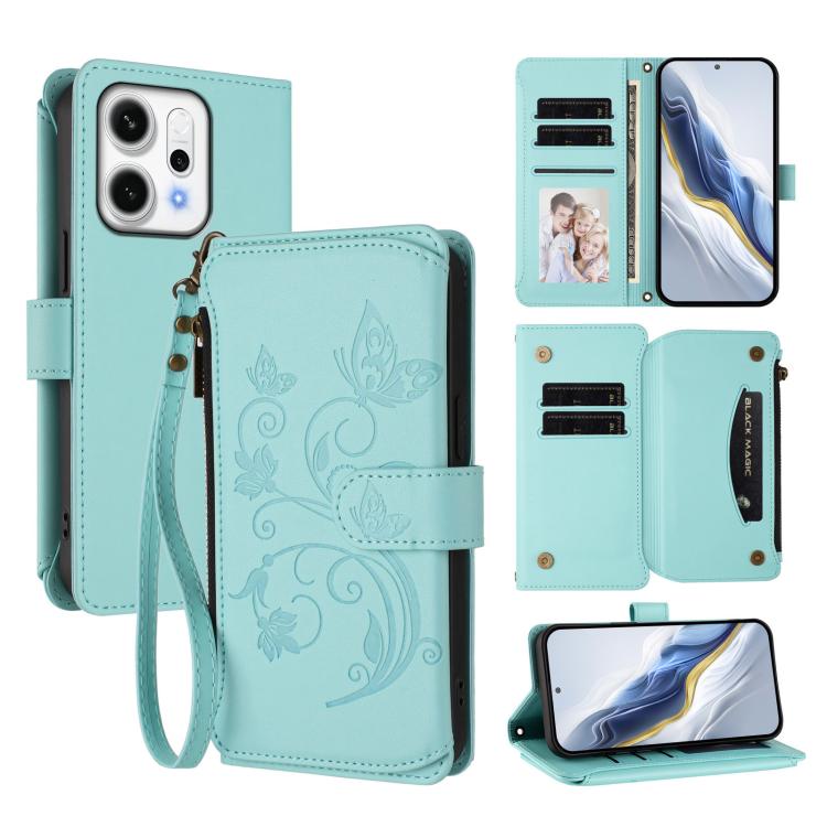 For OPPO Reno14 Pro 5G Butterfly Love Flower Multi-card Zipper Wallet Leather Phone Case(Mint Green)
