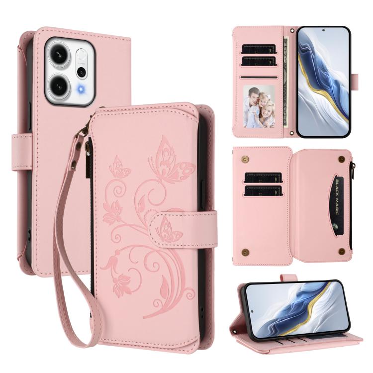 

For OPPO Reno14 Pro 5G Butterfly Love Flower Multi-card Zipper Wallet Leather Phone Case(Pink)