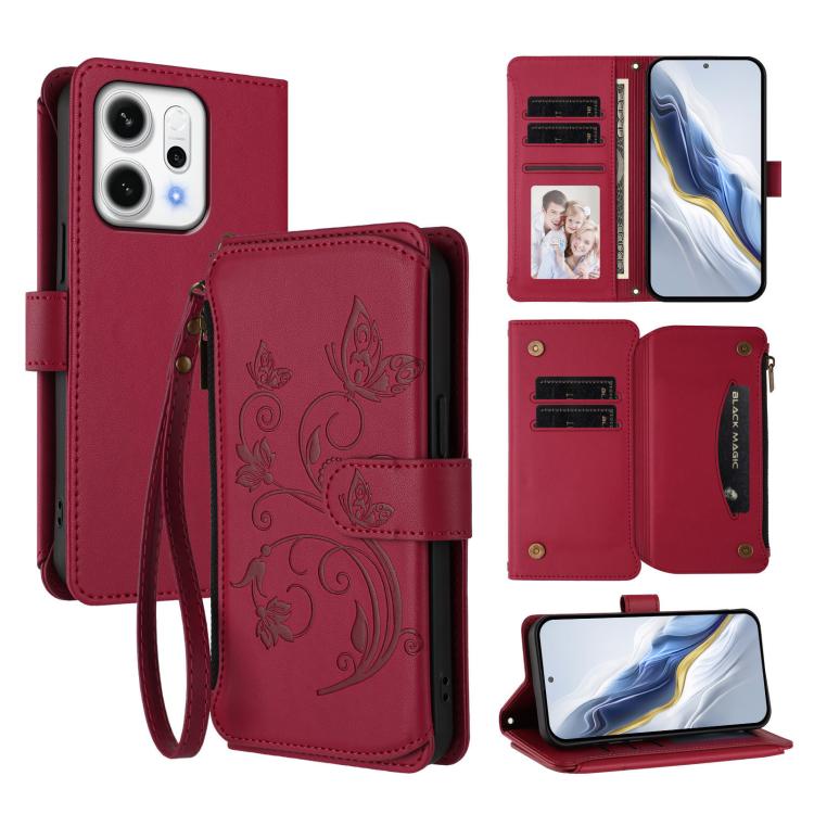 

For OPPO Reno14 F 5G / Reno14 5G Butterfly Love Flower Multi-card Zipper Wallet Leather Phone Case(Wine Red)