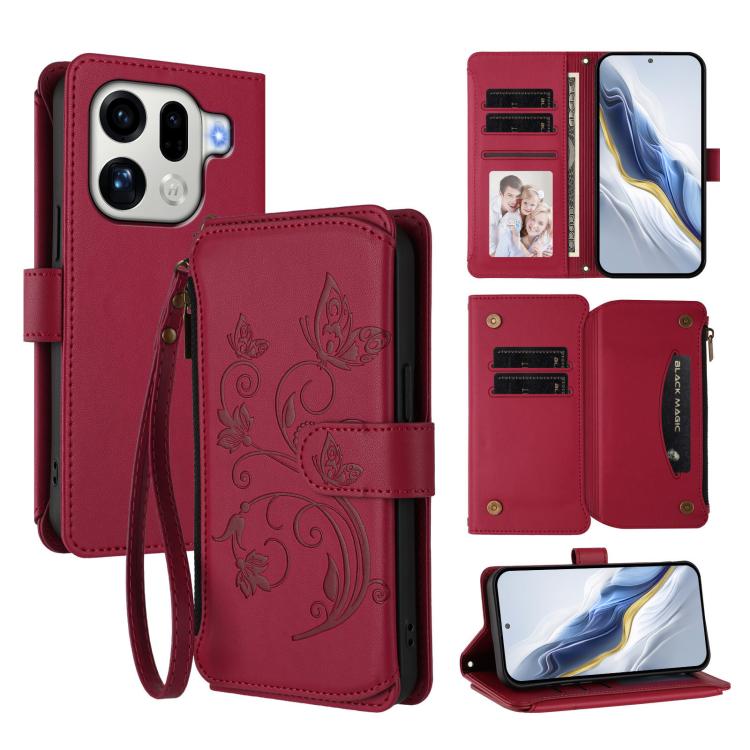 For OPPO Find X9 Pro Butterfly Love Flower Multi-card Zipper Wallet Leather Phone Case(Wine Red)