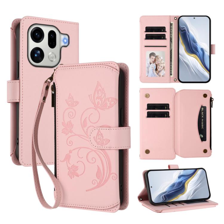 

For OPPO Find X9 Pro Butterfly Love Flower Multi-card Zipper Wallet Leather Phone Case(Pink)