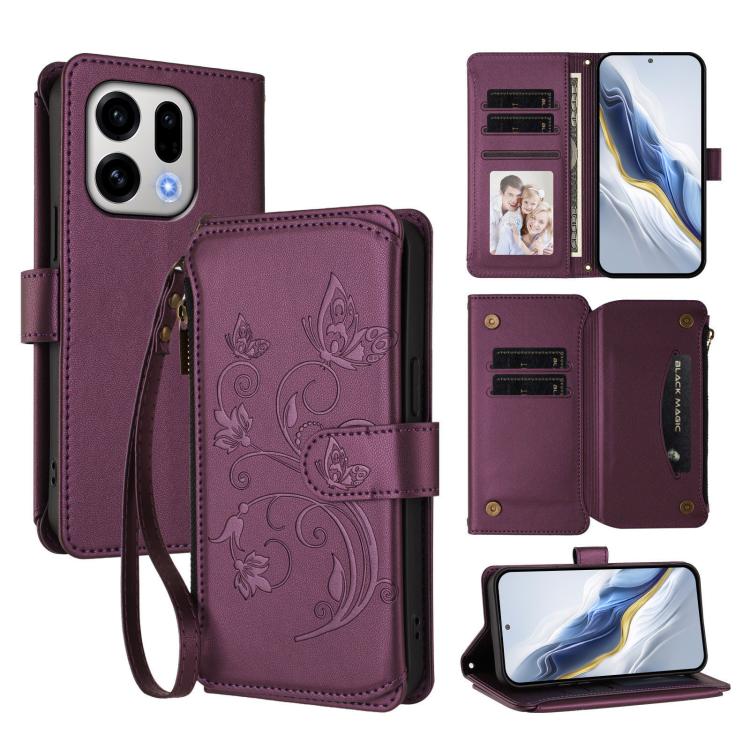 

For OPPO Find X9 Butterfly Love Flower Multi-card Zipper Wallet Leather Phone Case(Dark Purple)