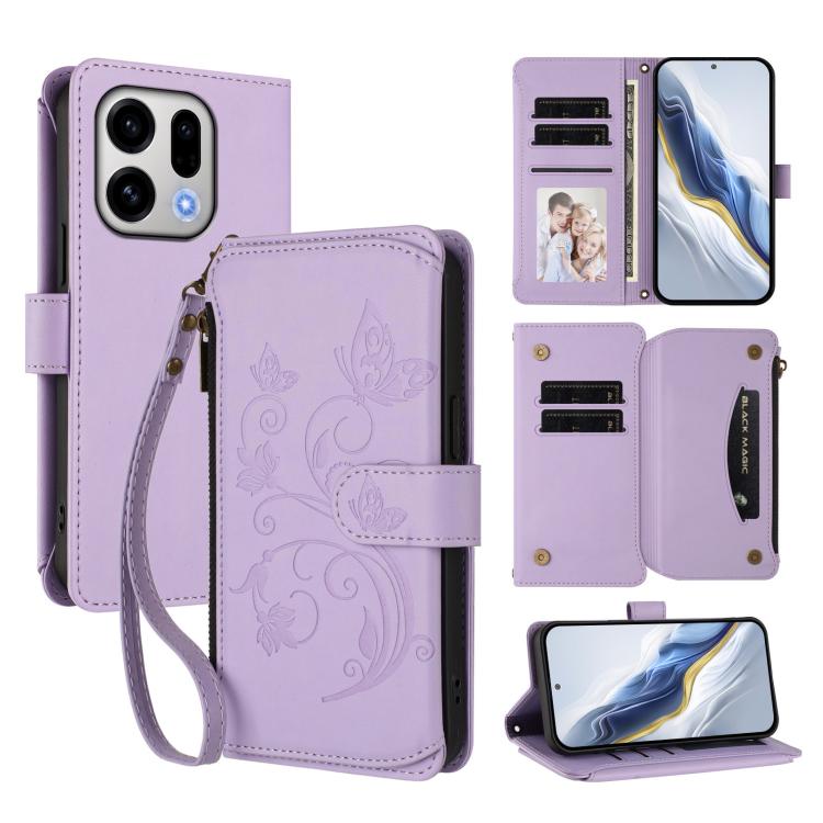 For OPPO Find X9 Butterfly Love Flower Multi-card Zipper Wallet Leather Phone Case(Light Purple)