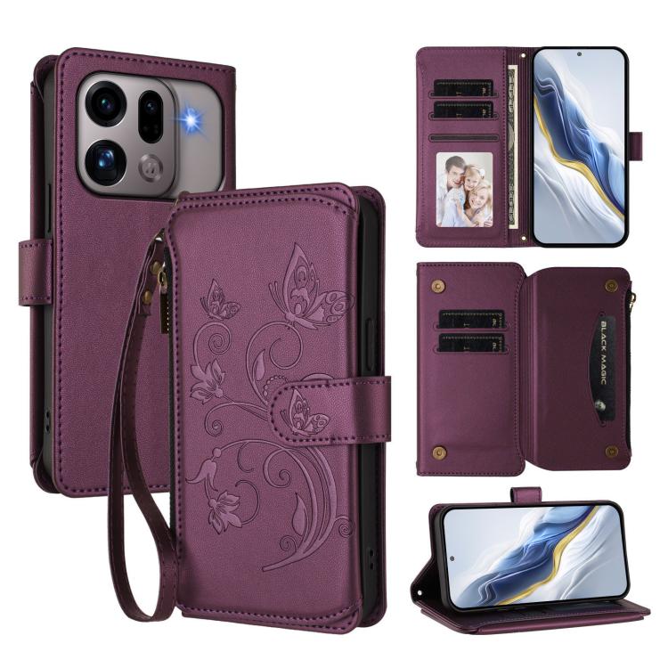 

For OPPO Find X9s Pro 5G Butterfly Love Flower Multi-card Zipper Wallet Leather Phone Case(Dark Purple)