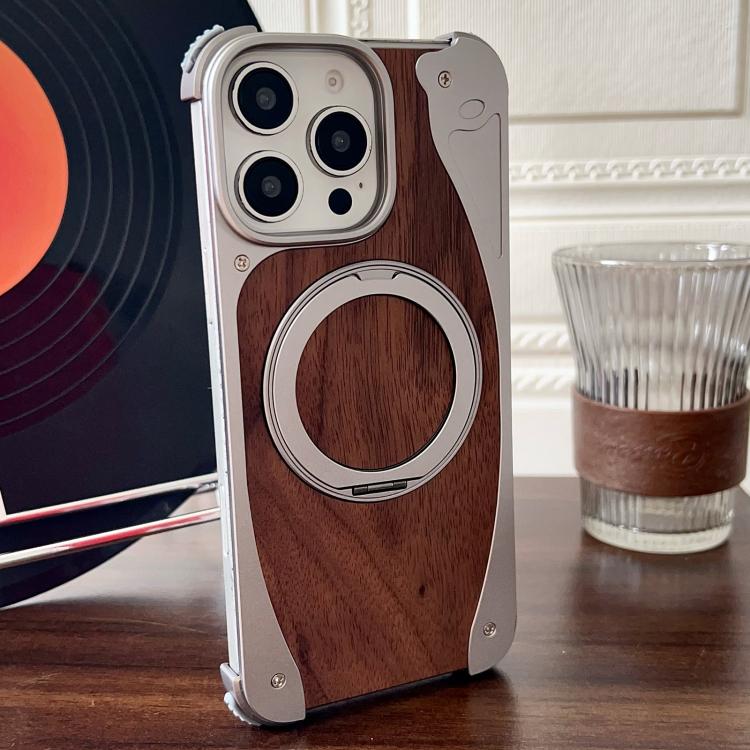 

For iPhone 16 Pro Max Walnut Metal Frameless 360 Degree Rotation Holder MagSafe Phone Case(Titanium Color)