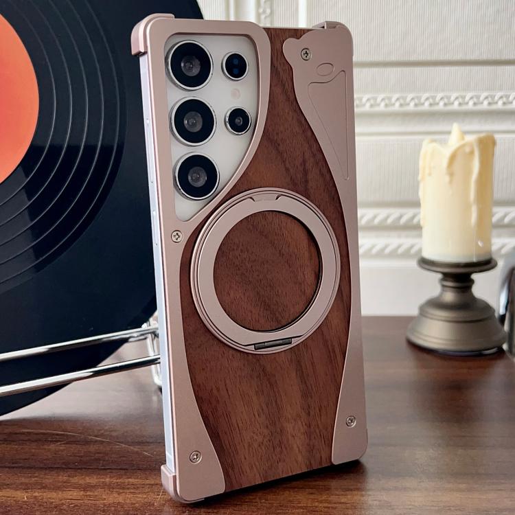 

For Samsung Galaxy S25 Ultra 5G Walnut Metal Frameless 360 Degree Rotation Holder MagSafe Phone Case(Dessert Gold)