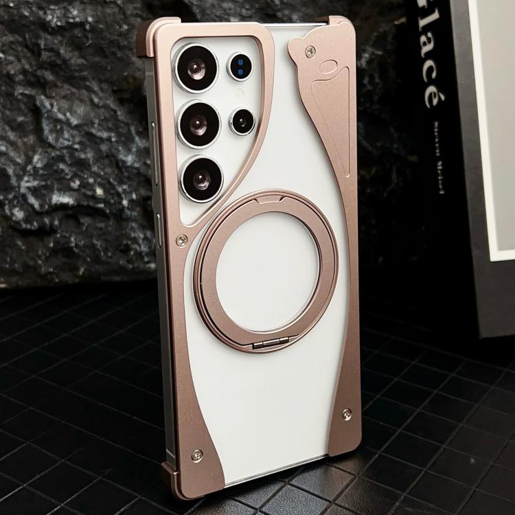 

For Samsung Galaxy S24 Ultra 5G Metal Frameless 360 Degree Rotation Holder MagSafe Transparent Phone Case(Dessert Gold)