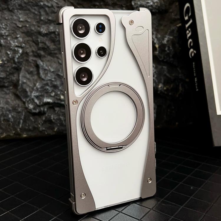 

For Samsung Galaxy S23 Ultra 5G Metal Frameless 360 Degree Rotation Holder MagSafe Transparent Phone Case(Titanium Color)