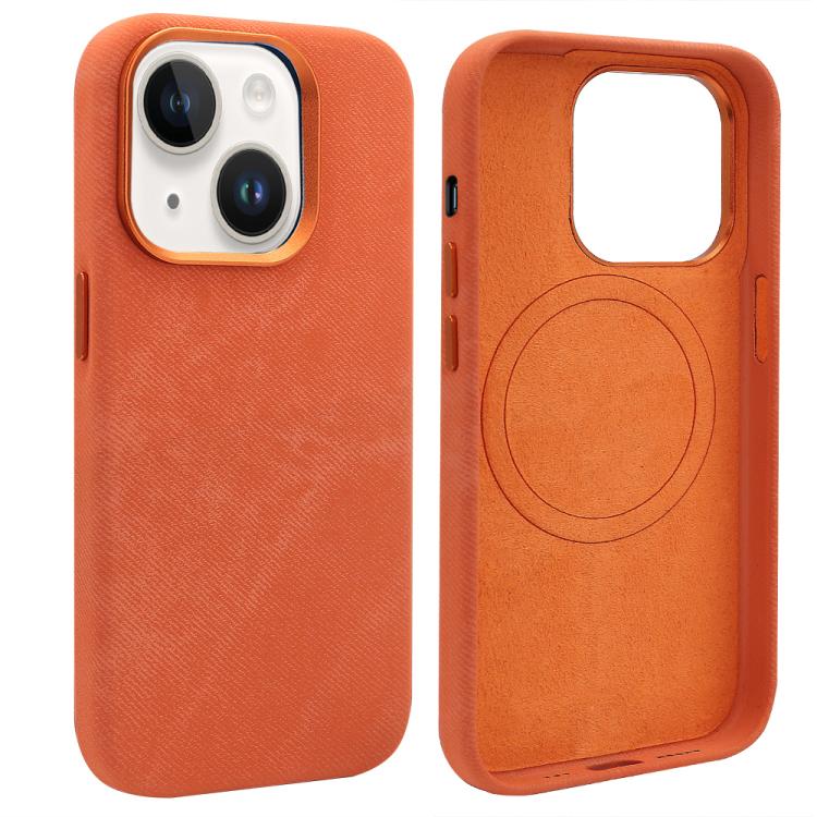 

For iPhone 15 VIETAO Retro Denim Texture PU Leather MagSafe Phone Case(Orange)