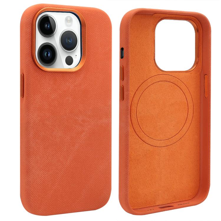 

For iPhone 14 Pro VIETAO Retro Denim Texture PU Leather MagSafe Phone Case(Orange)