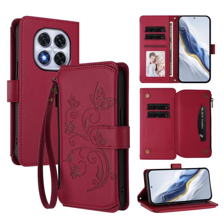 

For Redmi Note 14 Pro 5G / Note 14 Pro+ 5G Butterfly Love Flower Multi-card Zipper Wallet Leather Phone Case(Wine Red)