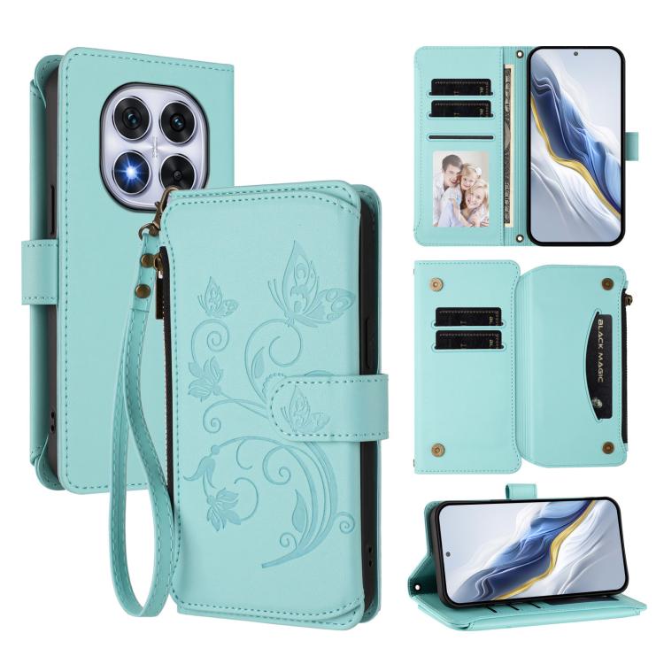 

For Redmi Note 14 Pro 5G / Note 14 Pro+ 5G Butterfly Love Flower Multi-card Zipper Wallet Leather Phone Case(Mint Green)