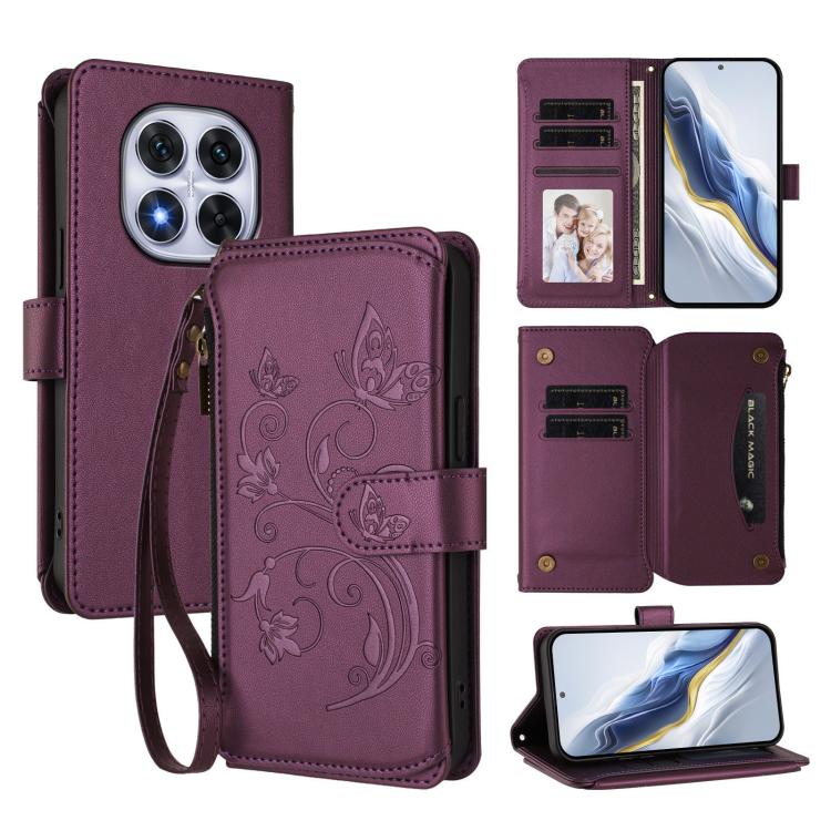 

For Redmi Note 14 Pro 4G Butterfly Love Flower Multi-card Zipper Wallet Leather Phone Case(Dark Purple)