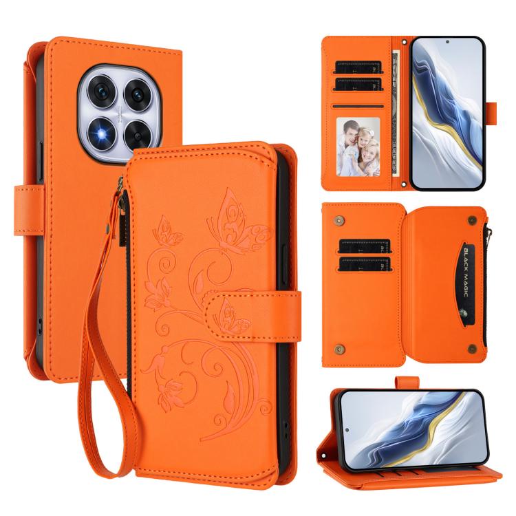 

For Redmi Note 14 Pro 4G Butterfly Love Flower Multi-card Zipper Wallet Leather Phone Case(Orange)