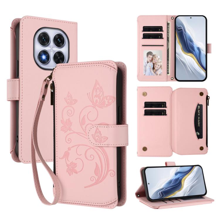 

For Redmi Note 14 Pro 4G Butterfly Love Flower Multi-card Zipper Wallet Leather Phone Case(Pink)