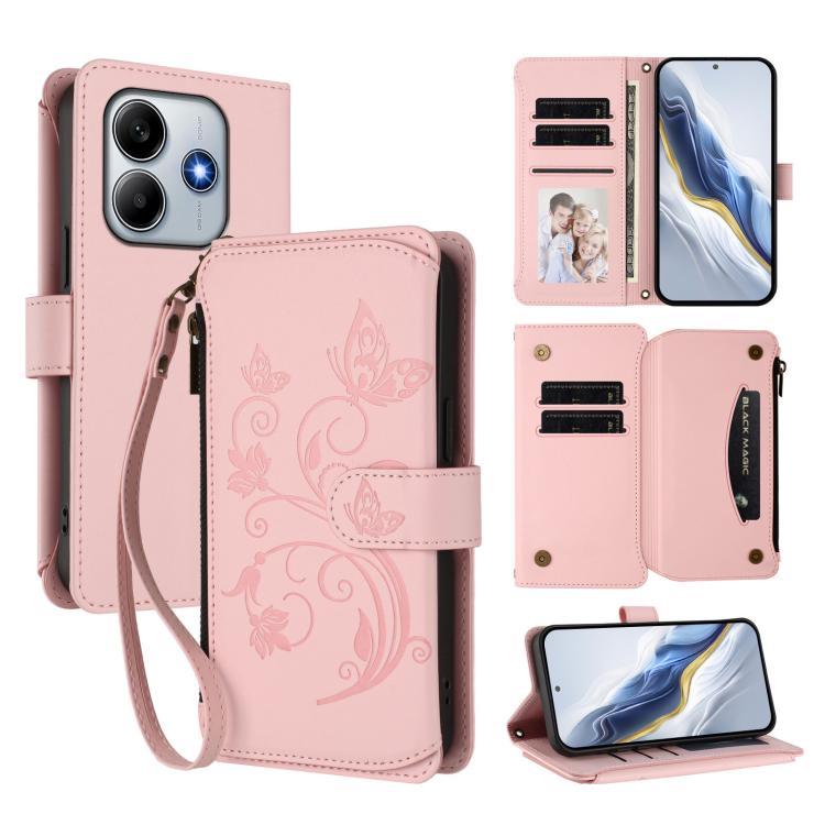 

For Redmi Note 14 5G / Xiaomi Poco M7 Pro 5G Butterfly Love Flower Multi-card Zipper Wallet Leather Phone Case(Pink)