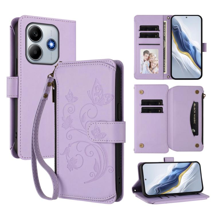 

For Redmi Note 14 5G / Xiaomi Poco M7 Pro 5G Butterfly Love Flower Multi-card Zipper Wallet Leather Phone Case(Light Purple)