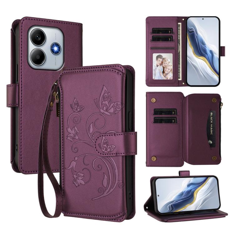 

For Redmi Note 14 4G 164.84mm Butterfly Love Flower Multi-card Zipper Wallet Leather Phone Case(Dark Purple)