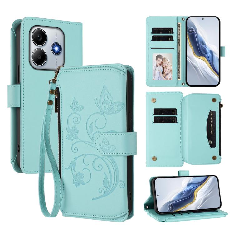 

For Redmi Note 14 4G 164.84mm Butterfly Love Flower Multi-card Zipper Wallet Leather Phone Case(Mint Green)