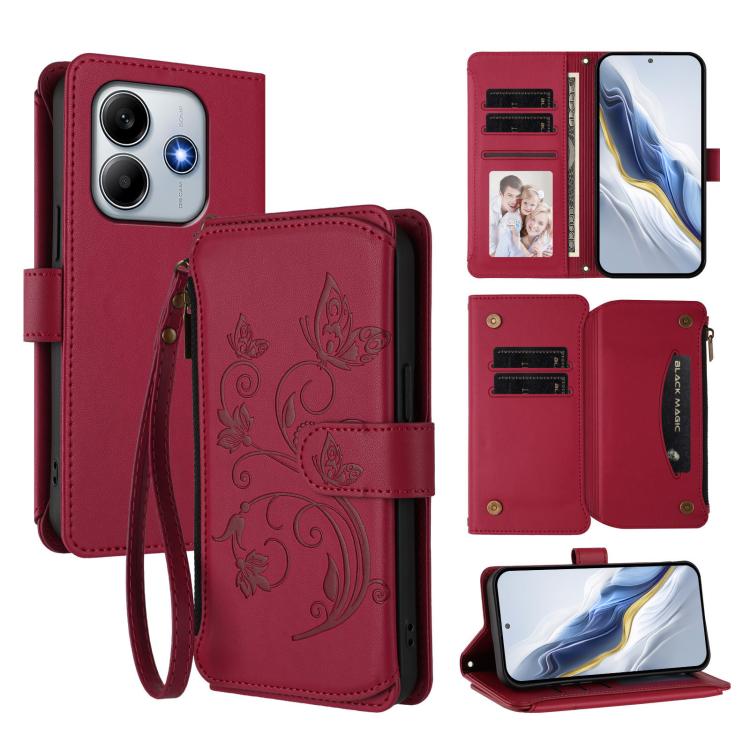 

For Redmi Note 14 4G 163.25mm Butterfly Love Flower Multi-card Zipper Wallet Leather Phone Case(Wine Red)