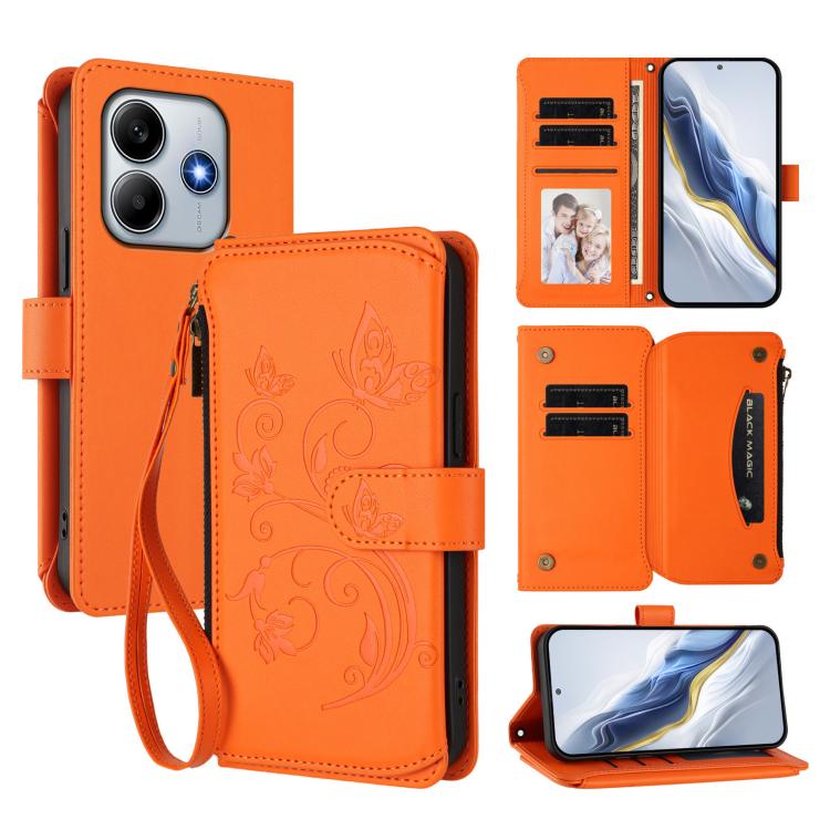 

For Redmi Note 14 4G 163.25mm Butterfly Love Flower Multi-card Zipper Wallet Leather Phone Case(Orange)