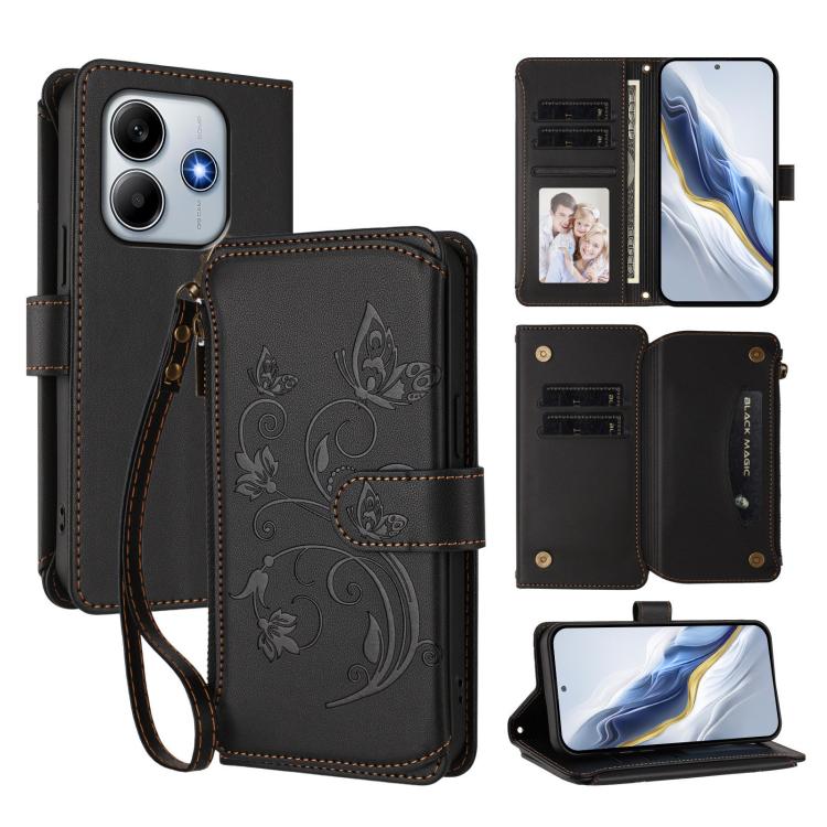 For Redmi Note 14 4G 163.25mm Butterfly Love Flower Multi-card Zipper Wallet Leather Phone Case(Black)