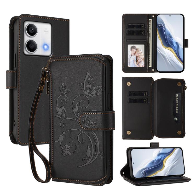

For Redmi Note 13 5G Butterfly Love Flower Multi-card Zipper Wallet Leather Phone Case(Black)