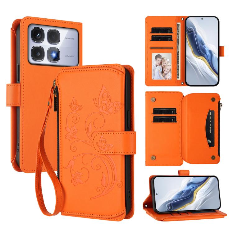 

For Redmi K70 Ultra Butterfly Love Flower Multi-card Zipper Wallet Leather Phone Case(Orange)