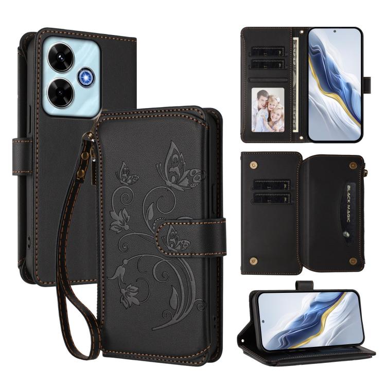 

For Redmi 13 4G / 5G / 13x / Xiaomi Poco M6 4G Butterfly Love Flower Multi-card Zipper Wallet Leather Phone Case(Black)