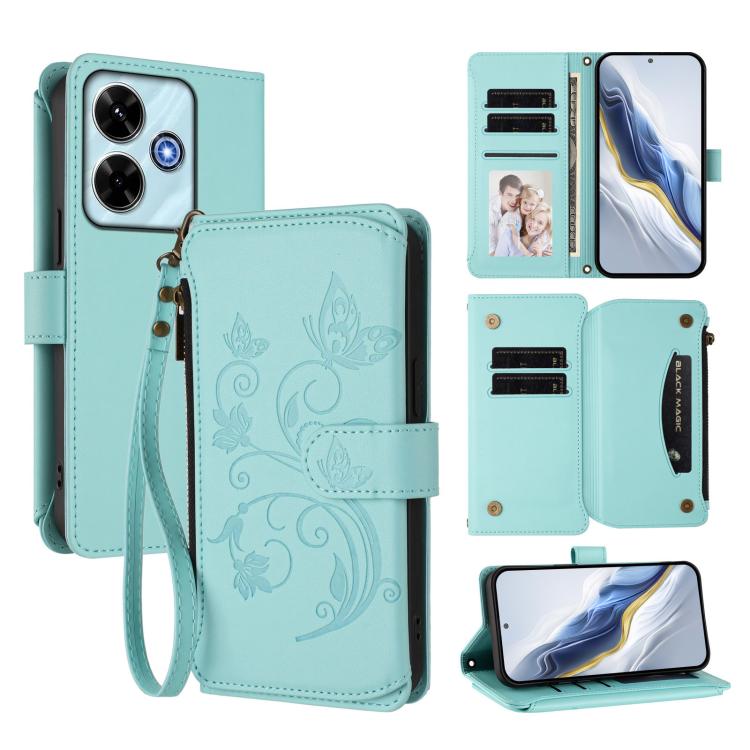 

For Redmi 13 4G / 5G / 13x / Xiaomi Poco M6 4G Butterfly Love Flower Multi-card Zipper Wallet Leather Phone Case(Mint Green)