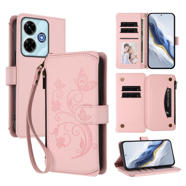 

For Redmi 13 4G / 5G / 13x / Xiaomi Poco M6 4G Butterfly Love Flower Multi-card Zipper Wallet Leather Phone Case(Pink)