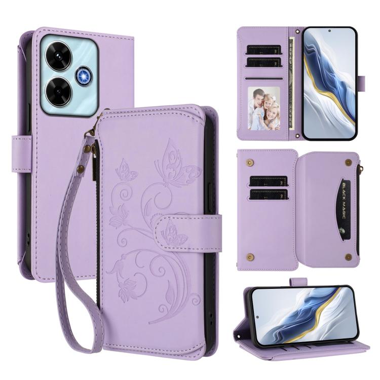 

For Redmi 13 4G / 5G / 13x / Xiaomi Poco M6 4G Butterfly Love Flower Multi-card Zipper Wallet Leather Phone Case(Light Purple)