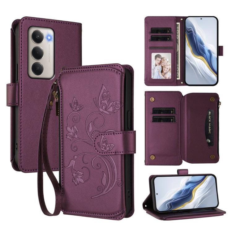 

For Redmi 15 5G Global / 15 4G SEA 169.5mm Butterfly Love Flower Multi-card Zipper Wallet Leather Phone Case(Dark Purple)