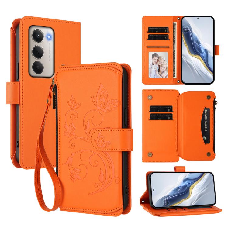 

For Redmi 15 5G Global / 15 4G SEA 169.5mm Butterfly Love Flower Multi-card Zipper Wallet Leather Phone Case(Orange)